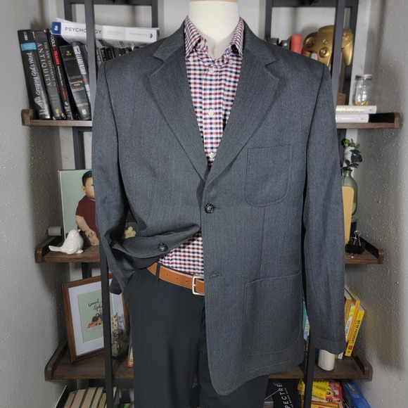 Izod Men's Flannel Blazer Jacket Two Button Gray‎ Herringbone Poly Wool Size XL